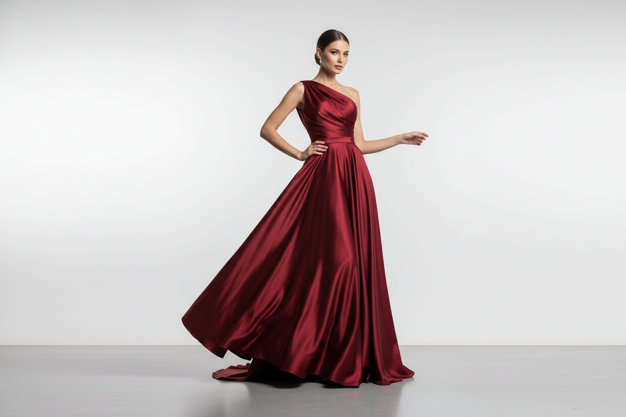 “Elegant wine red one-shoulder evening dress on mannequin with soft studio lighting, luxury satin texture, and clean white background.”