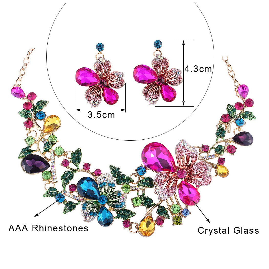 Colorful Flower Crystal Diamond Short Clavicle Necklace Earring Set