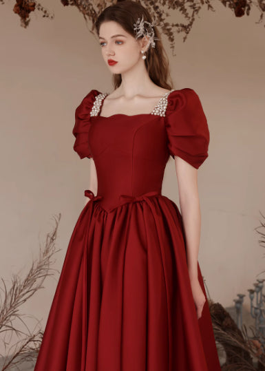 Red Satin Puff Sleeve Evening Gown