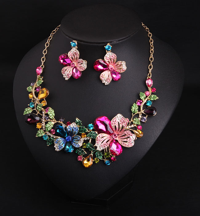Colorful Flower Crystal Diamond Short Clavicle Necklace Earring Set