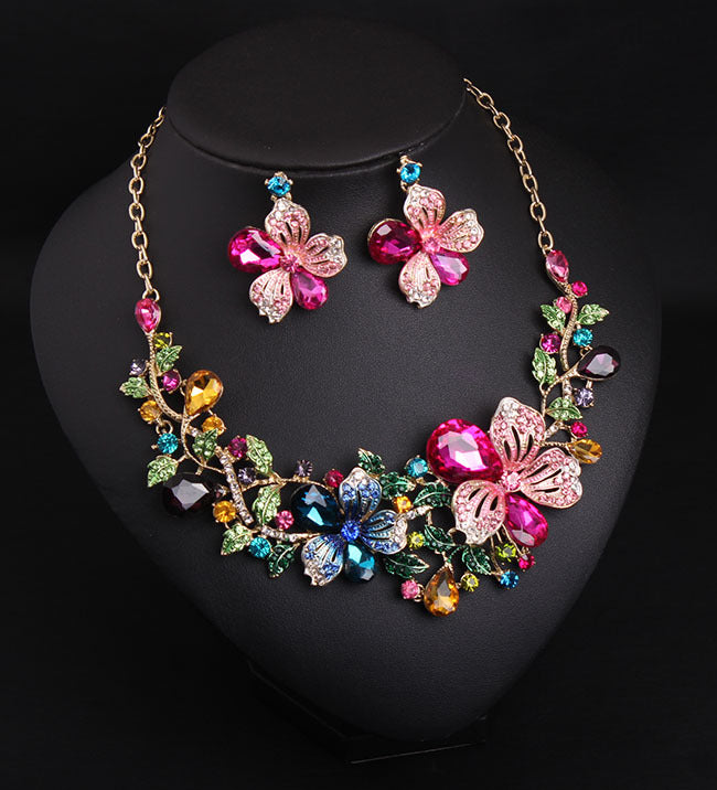 Colorful Flower Crystal Diamond Short Clavicle Necklace Earring Set