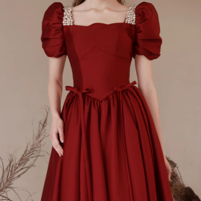 Red Satin Puff Sleeve Evening Gown