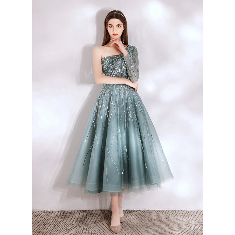 Teal One Shoulder Luxury Beaded Ladies Dress