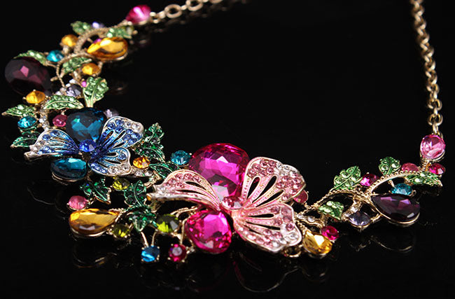 Colorful Flower Crystal Diamond Short Clavicle Necklace Earring Set