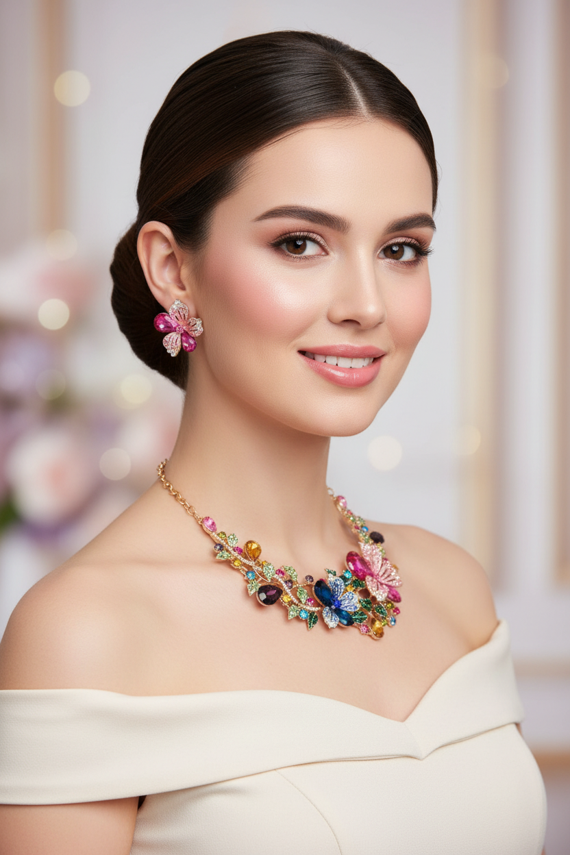 Colorful Flower Crystal Diamond Short Clavicle Necklace Earring Set