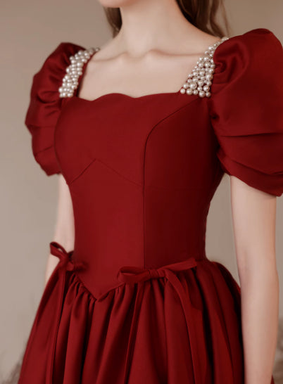 Red Satin Puff Sleeve Evening Gown