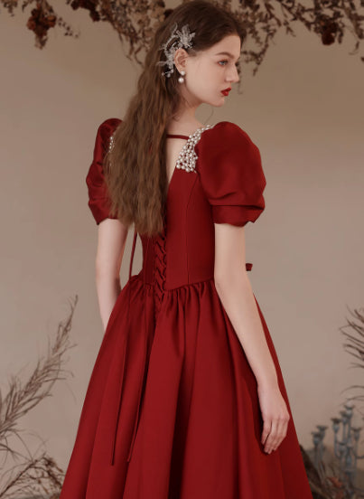 Red Satin Puff Sleeve Evening Gown