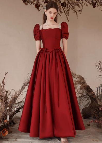 Red Satin Puff Sleeve Evening Gown