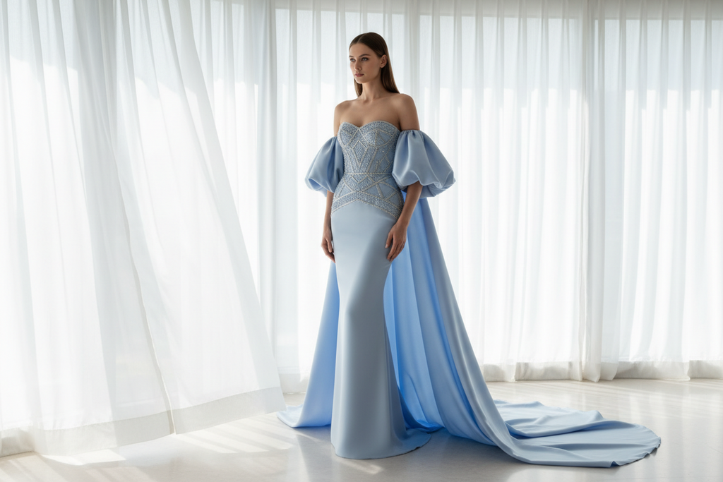 Foreign Trade Tube Top Heavy Industry Beads Off-shoulder Satin Trailing Evening Dress