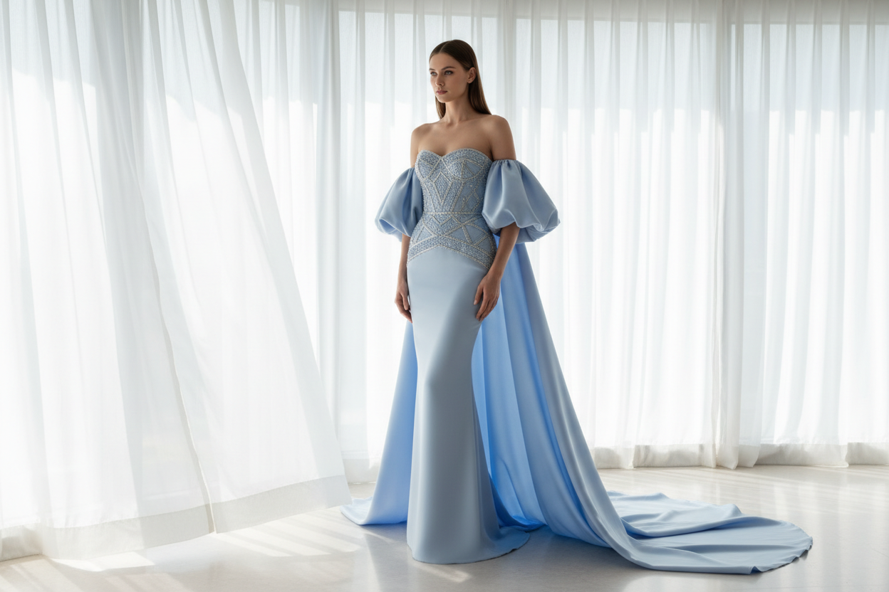 Foreign Trade Tube Top Heavy Industry Beads Off-shoulder Satin Trailing Evening Dress