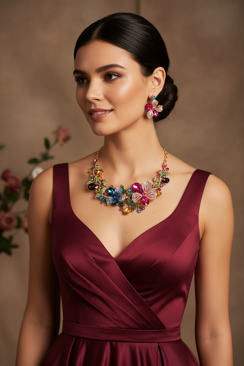 Colorful Flower Crystal Diamond Short Clavicle Necklace Earring Set